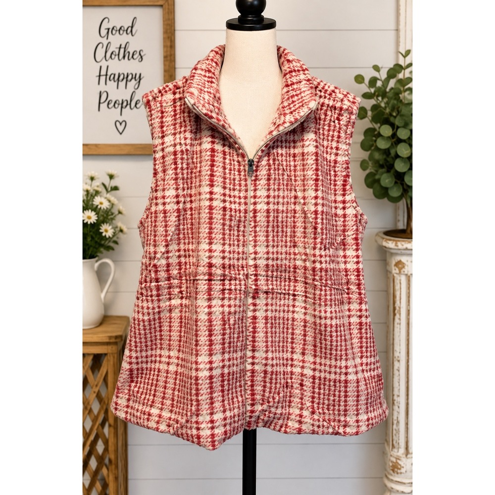 Katydid Faux Fur Plaid Vest Womens XXL Red Cream Full Zip Pockets NWT